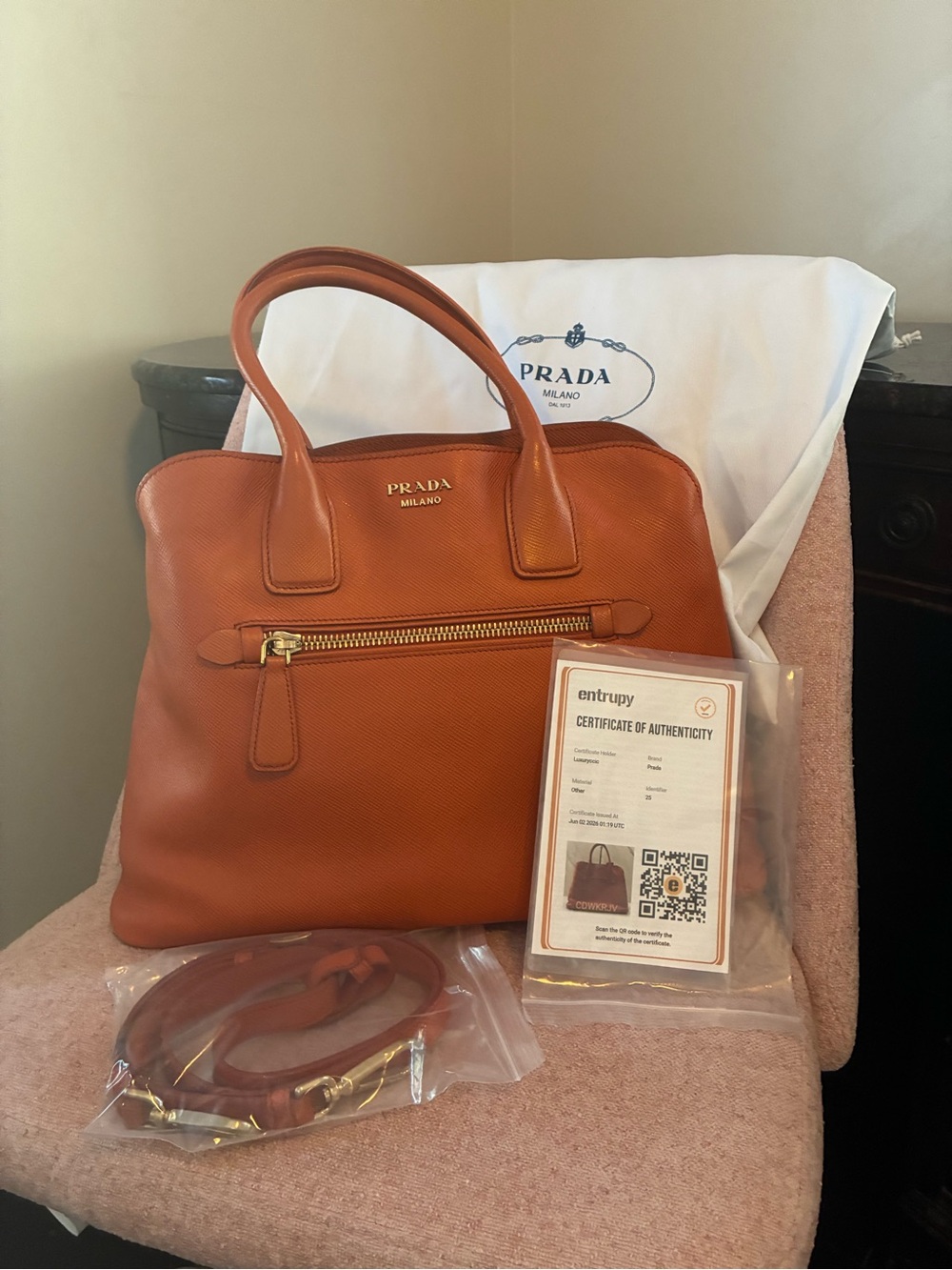 Prada Orange Saffiano Leather Bag with Gold Hardware